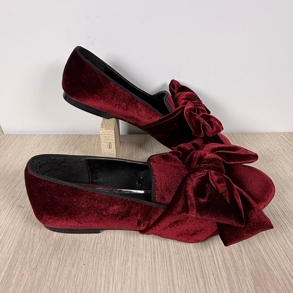 Zara Basic Burgundy Velvet Bow Loafers Flats Shoes Womens Size 39 Burgundy Red
